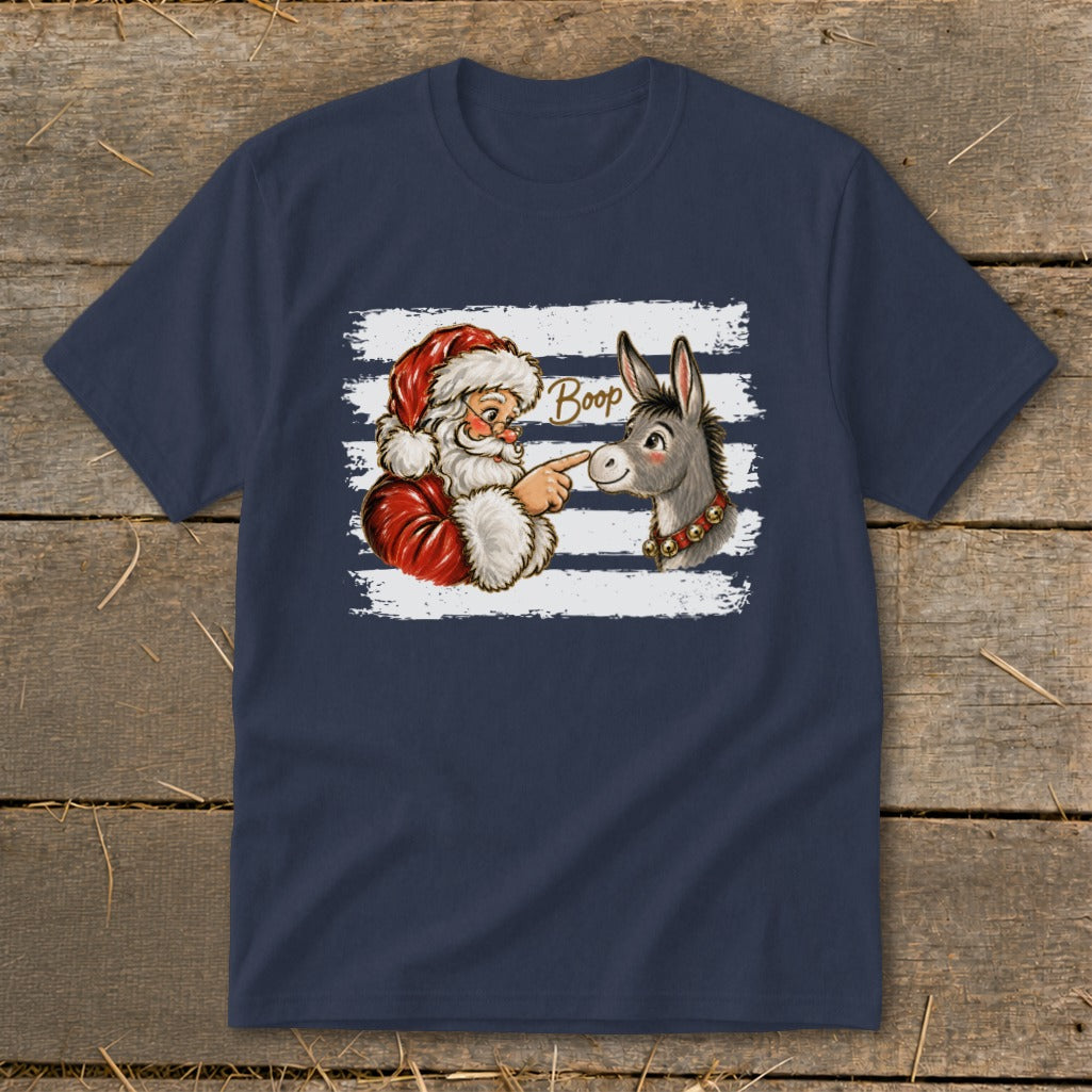 Santa booping a donkey with the word "Boop" on a striped background.