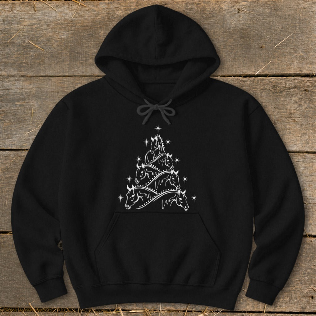 Black hoodie with white horses arranged in a Christmas tree shape.