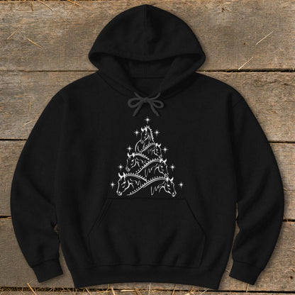 Black hoodie with white horses arranged in a Christmas tree shape.