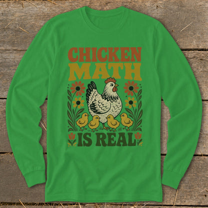 Green long-sleeve shirt with "CHICKEN MATH IS REAL" and chicken graphics.