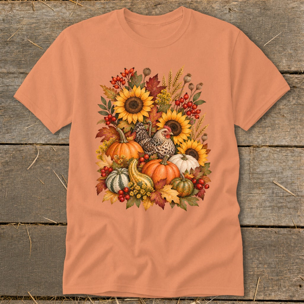 Peach t-shirt with a fall harvest graphic featuring sunflowers, pumpkins, and a hen.