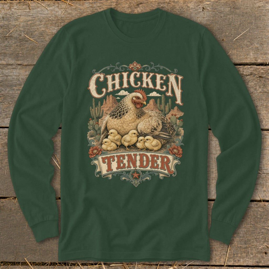 Chicken Tender graphic with hen and chicks, desert landscape, and text.