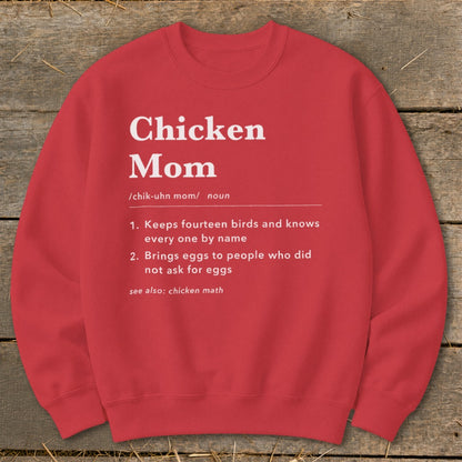 Red sweatshirt with "Chicken Mom" definition including two numbered points and "chicken math."