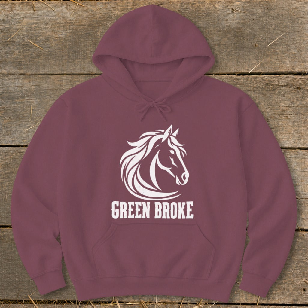 Maroon hoodie with a white graphic of a horse head and the text GREEN BROKE.