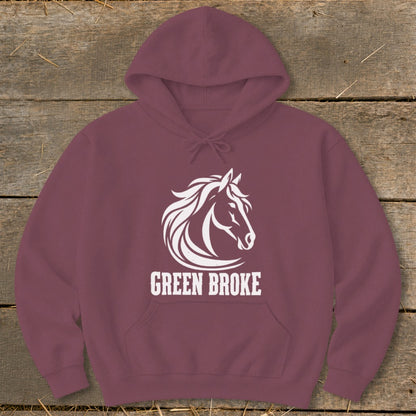 Maroon hoodie with a white graphic of a horse head and the text GREEN BROKE.
