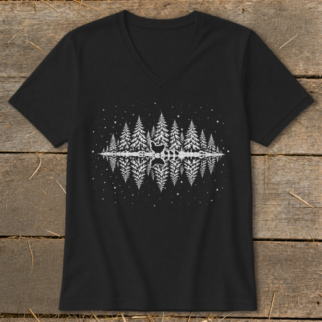 Black v-neck t-shirt with white mirrored forest and deer graphic.