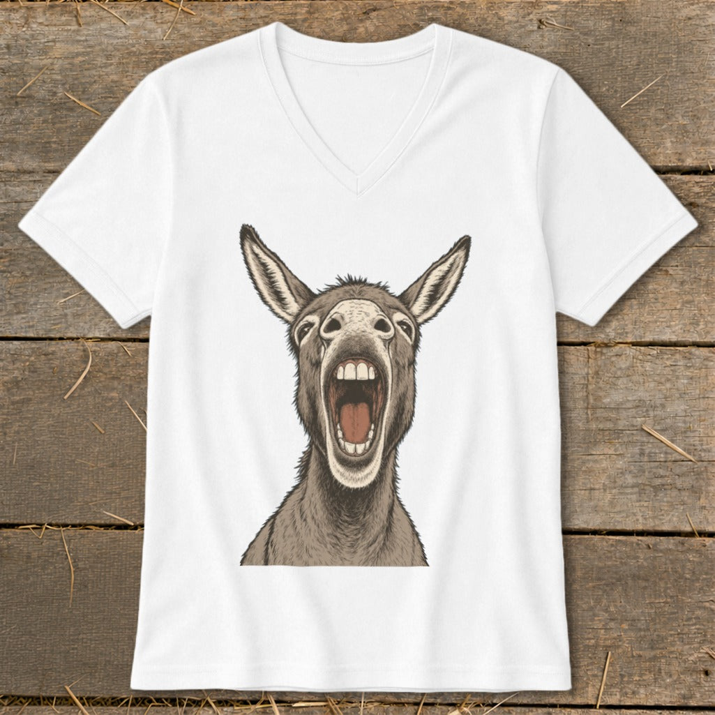 White v-neck t-shirt featuring a cartoon donkey with its mouth wide open.