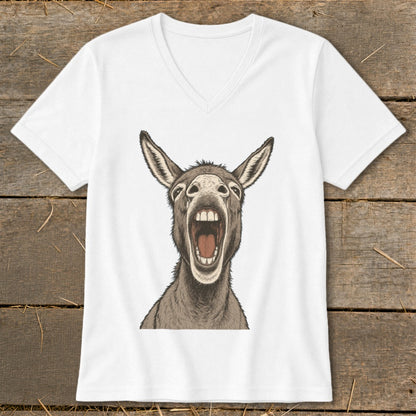 White v-neck t-shirt featuring a cartoon donkey with its mouth wide open.