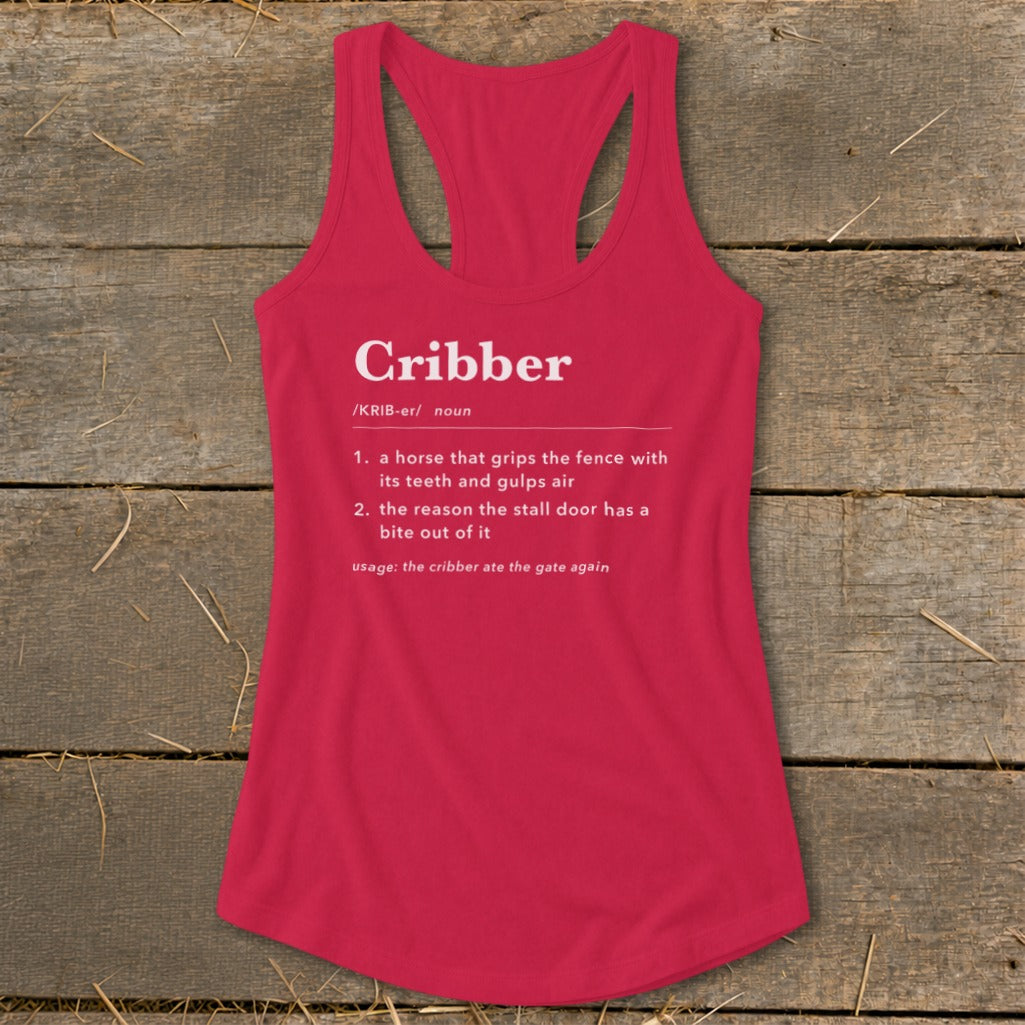 Red racerback tank top featuring a humorous dictionary definition of the word cribber printed in white text.