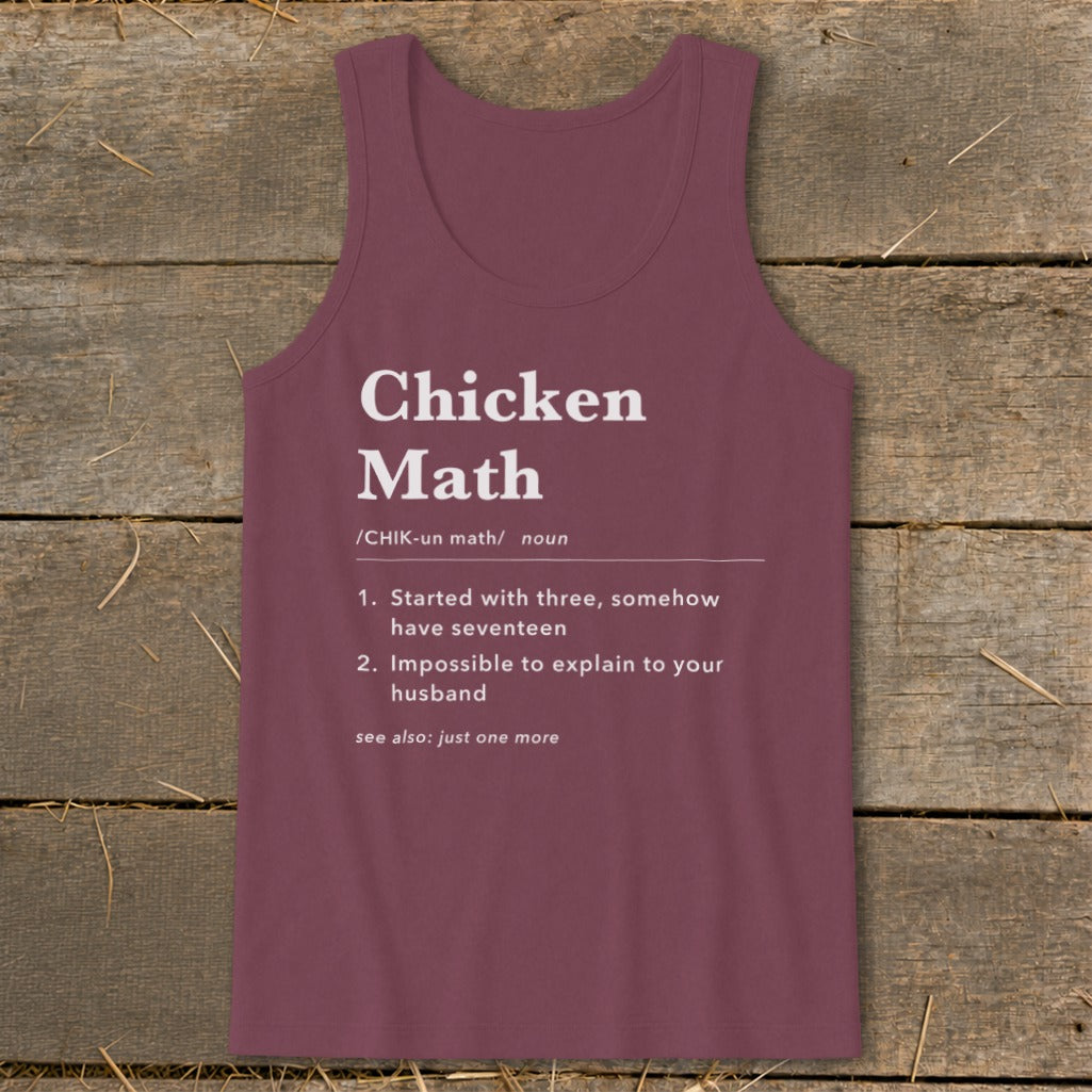 Burgundy tank top with "Chicken Math" definition and humorous descriptions.