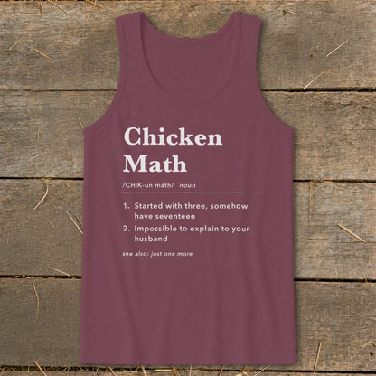 Burgundy tank top with "Chicken Math" definition and humorous descriptions.