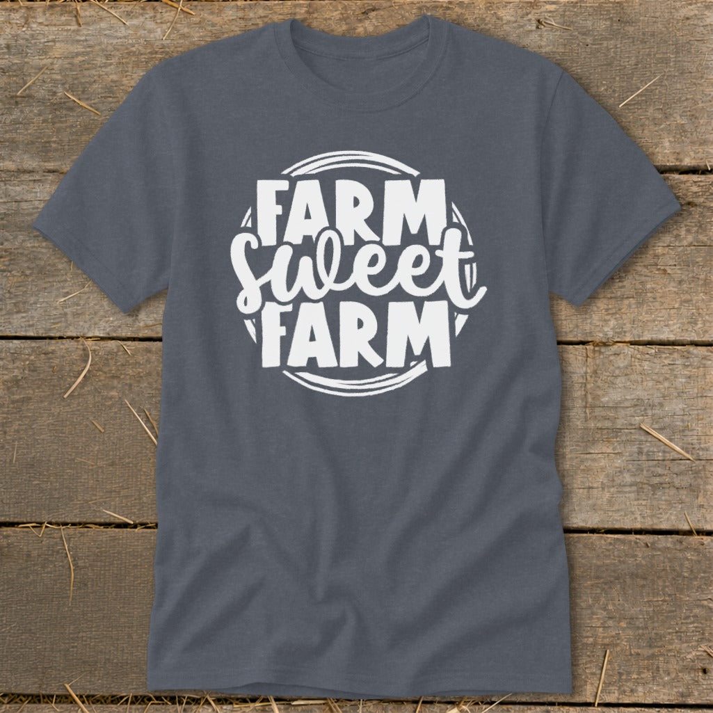 Dark gray t-shirt with white "Farm Sweet Farm" text in a circular design.