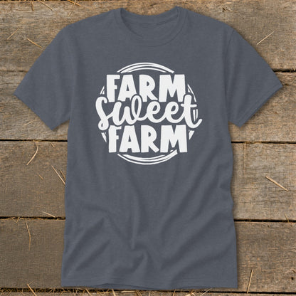 Dark gray t-shirt with white "Farm Sweet Farm" text in a circular design.