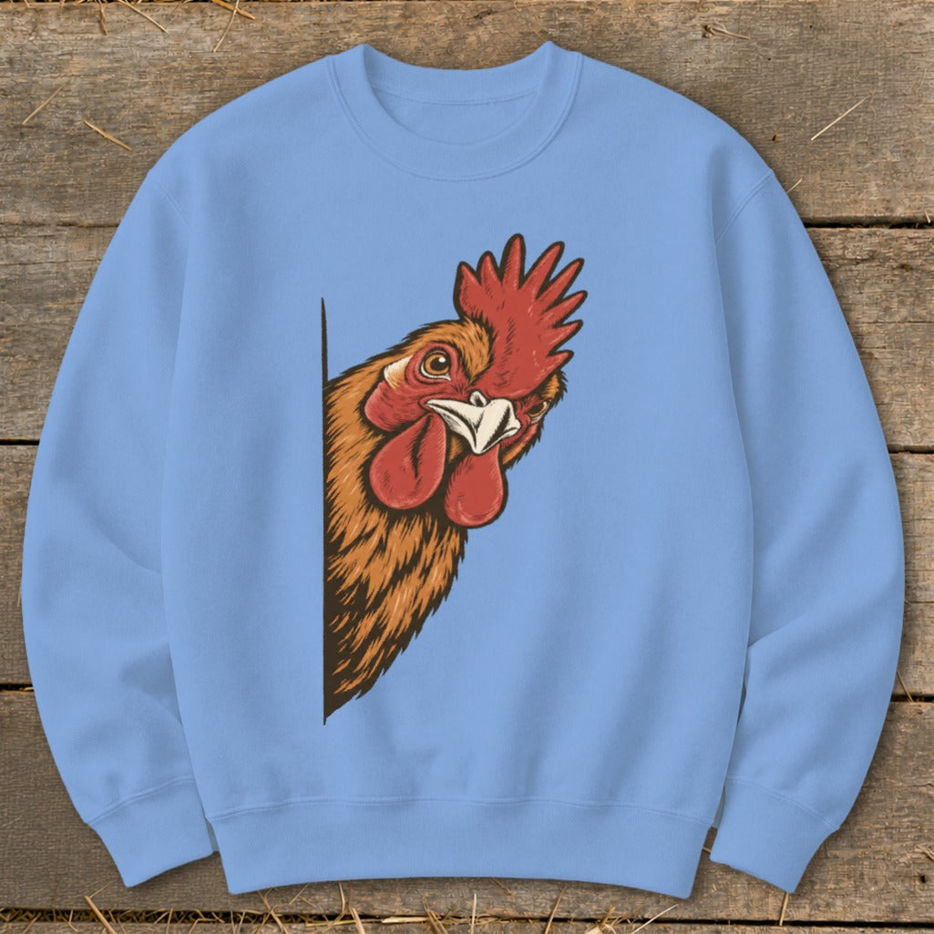 Light blue sweatshirt with a cartoon rooster peeking from the left side.