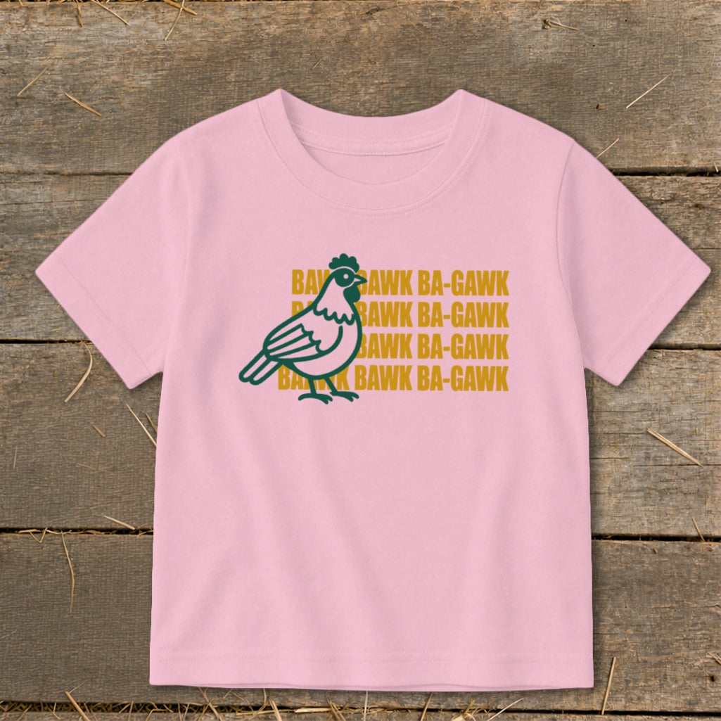 Pink t-shirt with green chicken graphic and repeating "Bawk Ba-Gawk" text.
