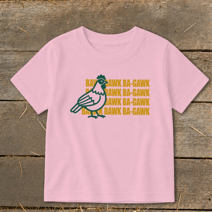Pink t-shirt with green chicken graphic and repeating "Bawk Ba-Gawk" text.