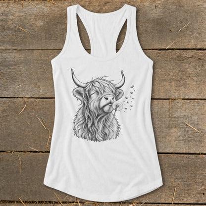 White tank top with a sketch of a Highland cow blowing a dandelion.