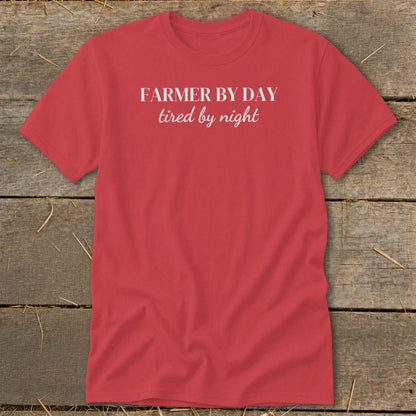 Red t-shirt with white text "FARMER BY DAY tired by night".