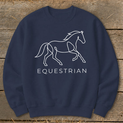 Navy sweatshirt with white line art horse and "EQUESTRIAN" text.