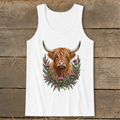 White tank top with a Highland cow and thistles graphic print.