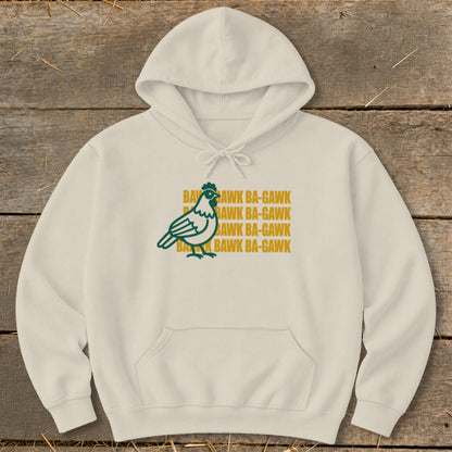 Cream hoodie with a green chicken and "Bawk Ba-Gawk" text.