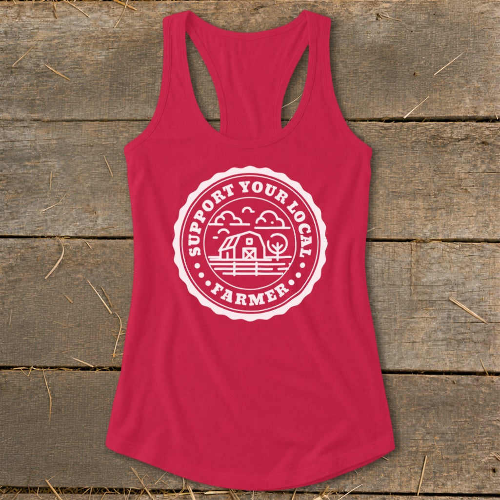 Pink racerback tank top with white "Support Your Local Farmer" circular graphic.