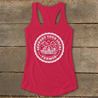 Pink racerback tank top with white "Support Your Local Farmer" circular graphic.