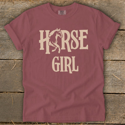 Maroon t-shirt with "HORSE GIRL" text and horse graphic.