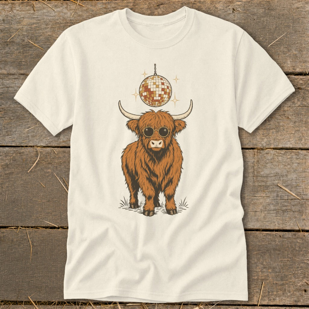 Highland cow wearing sunglasses with disco ball above.