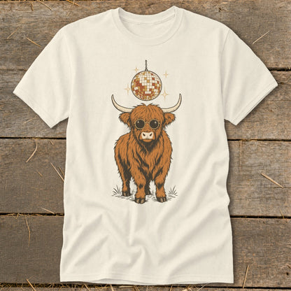 Highland cow wearing sunglasses with disco ball above.