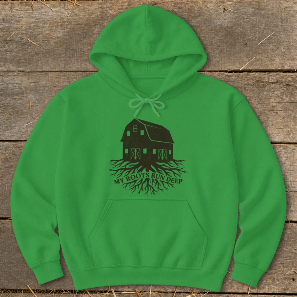 Green hoodie with black barn and roots graphic and text "MY ROOTS RUN DEEP".