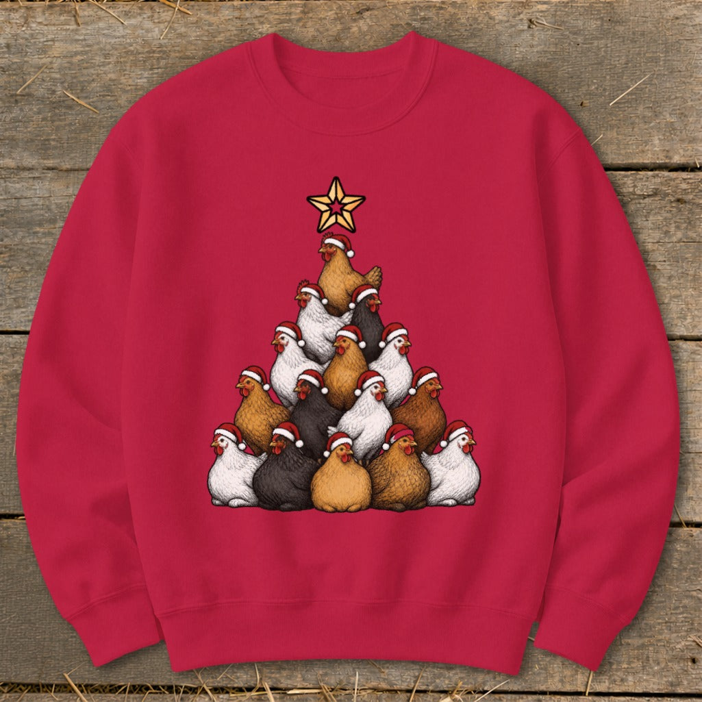 Red sweatshirt with a Christmas tree made of chickens wearing Santa hats.