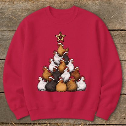 Red sweatshirt with a Christmas tree made of chickens wearing Santa hats.