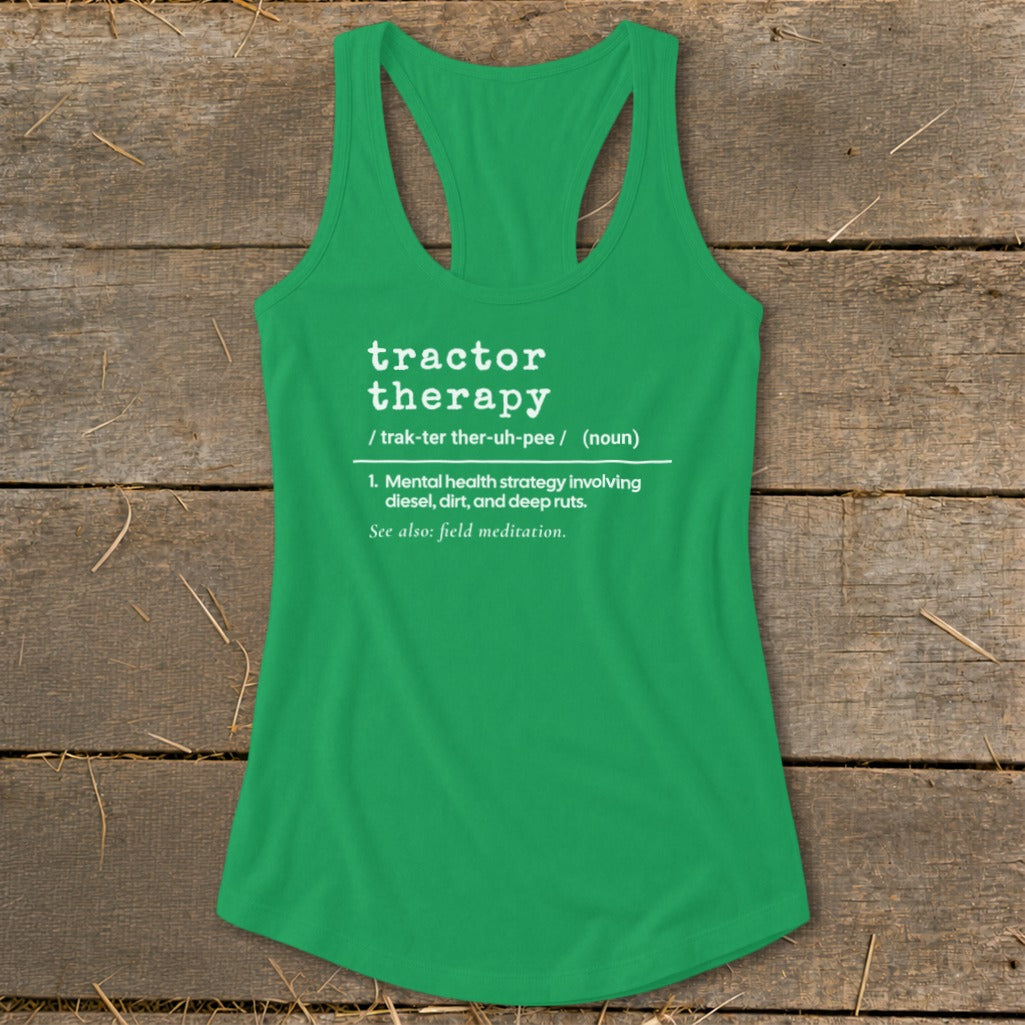 Green tank top with "tractor therapy" definition.
