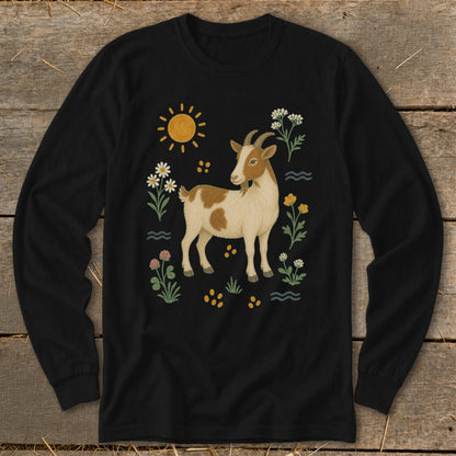 Long-sleeve black t-shirt with a brown and white goat surrounded by flowers and a sun.