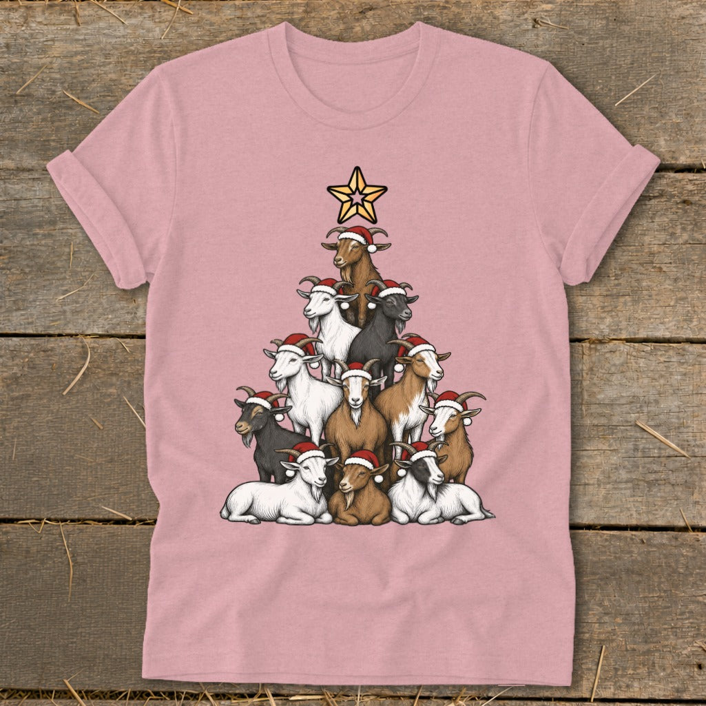 Pink t-shirt with a Christmas tree made of goats wearing Santa hats.