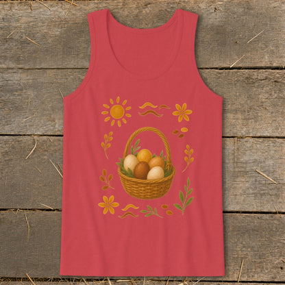 Coral tank top with a woven basket of colorful eggs and spring motifs.
