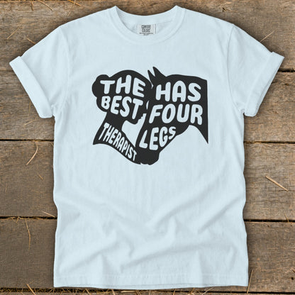 Light blue t-shirt with "The best therapist has four legs" horse graphic.