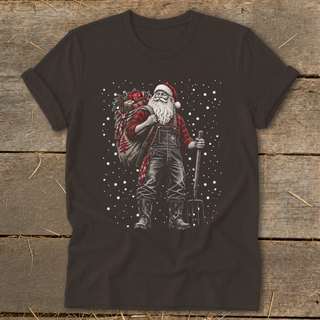 Farmer Santa Claus wearing overalls and carrying a sack of gifts and a pitchfork.