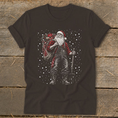 Farmer Santa Claus wearing overalls and carrying a sack of gifts and a pitchfork.