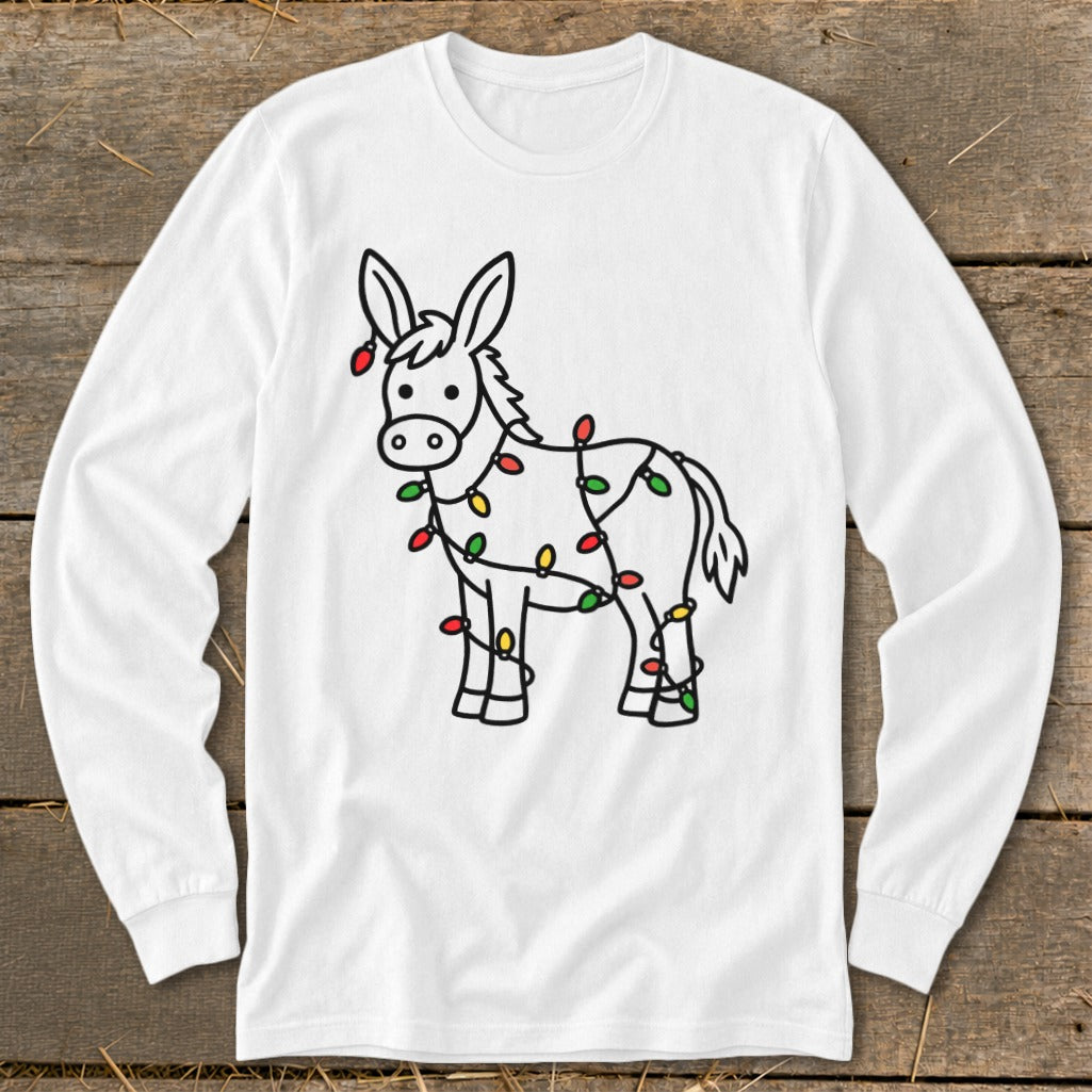 Donkey outline with colorful Christmas lights wrapped around it.