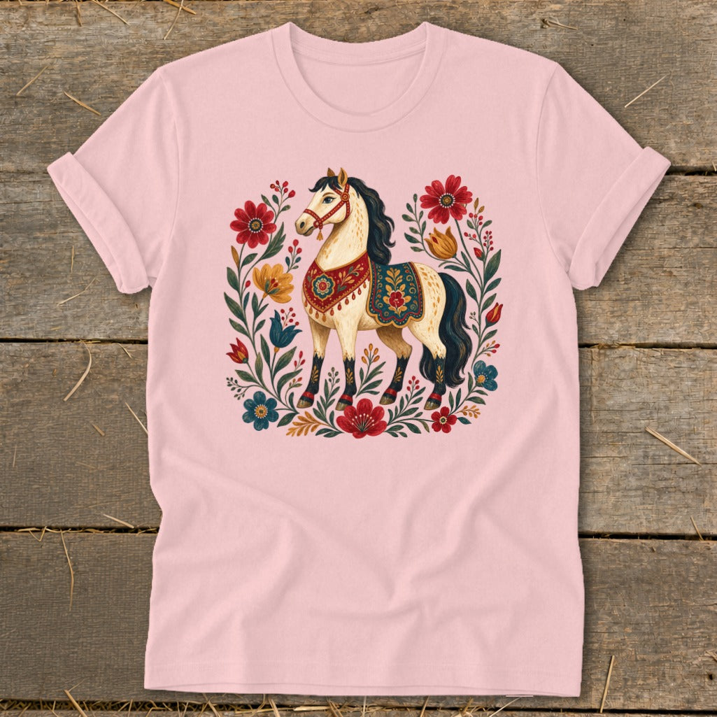 Pink t-shirt with a cream horse and floral wreath design.