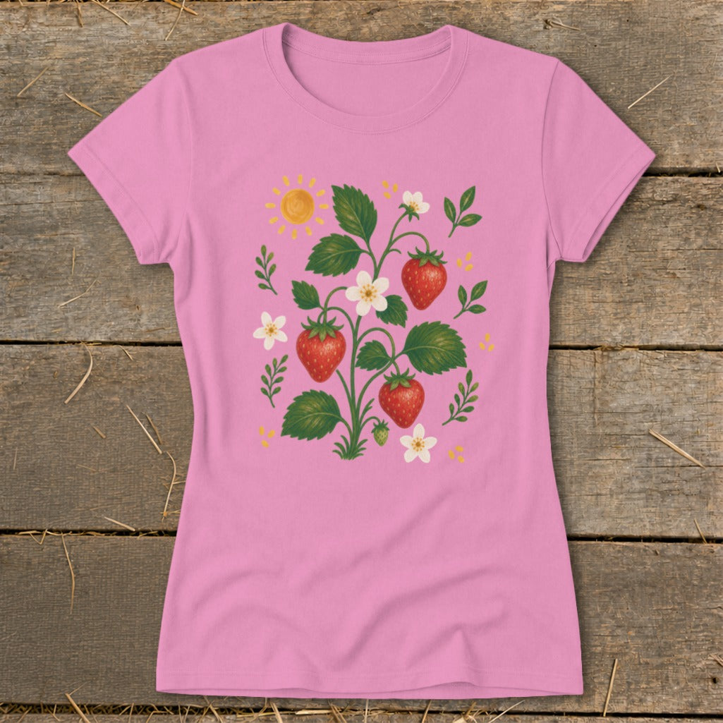 Pink t-shirt with strawberry plant illustration, white flowers, and sun.