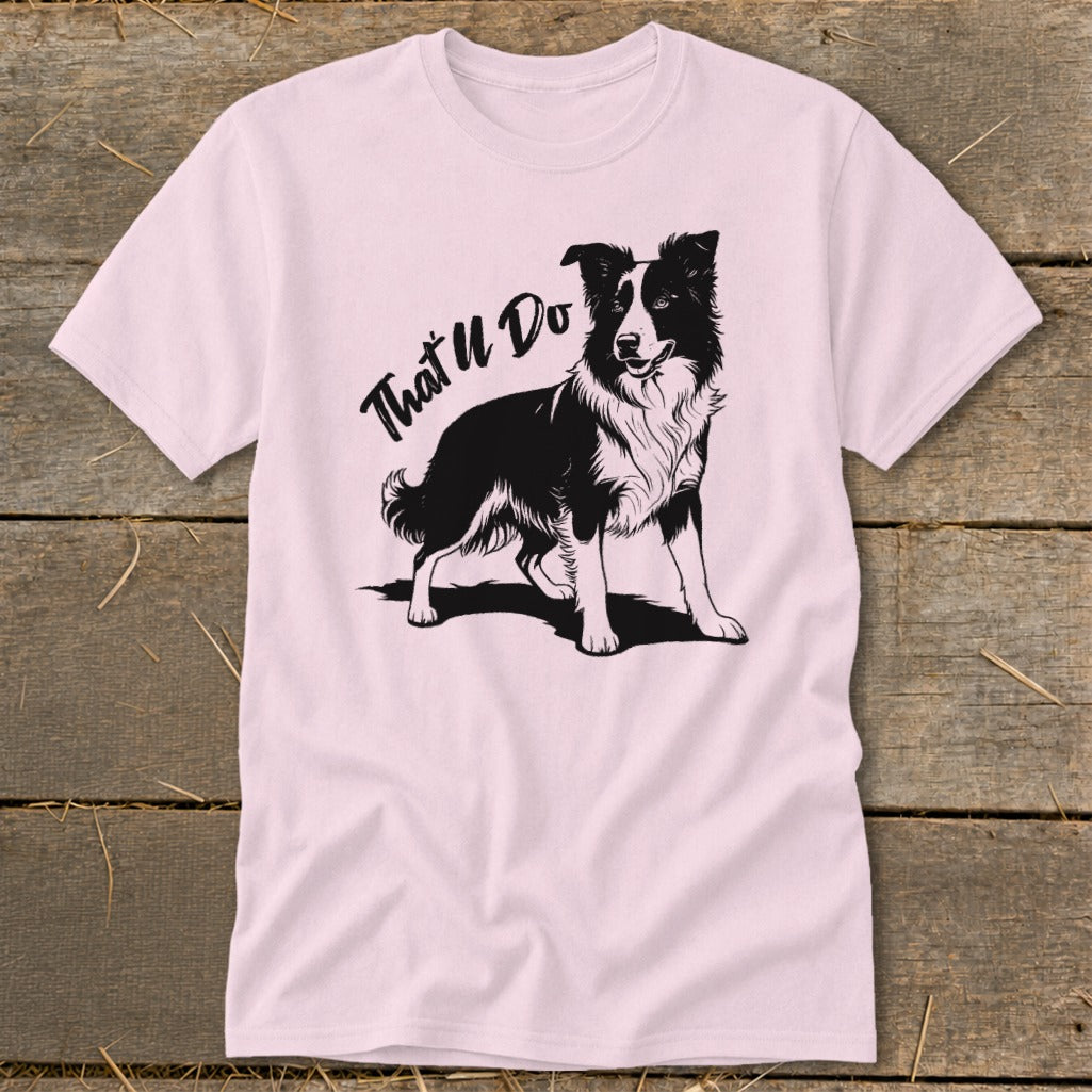 Pink t-shirt with black illustration of a border collie and text "That'll Do".