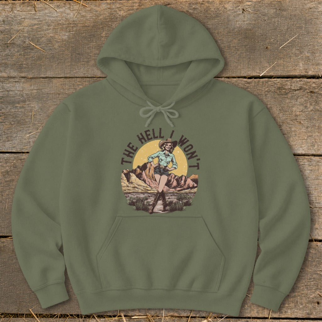 Green hoodie with a graphic of a cowgirl in a desert landscape and text "The Hell I Won't".