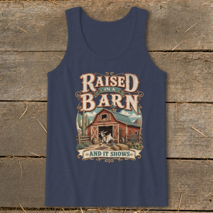 Graphic of a goat by a barn with text "Raised in a Barn and It Shows".