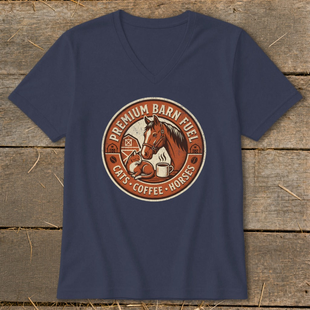 T-shirt graphic with horse, cat, coffee cup, and barn: "Premium Barn Fuel Cats Coffee Horses".
