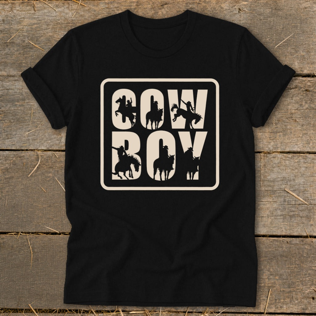 Black t-shirt with "Cowboy" text and cowboy silhouettes on horses.