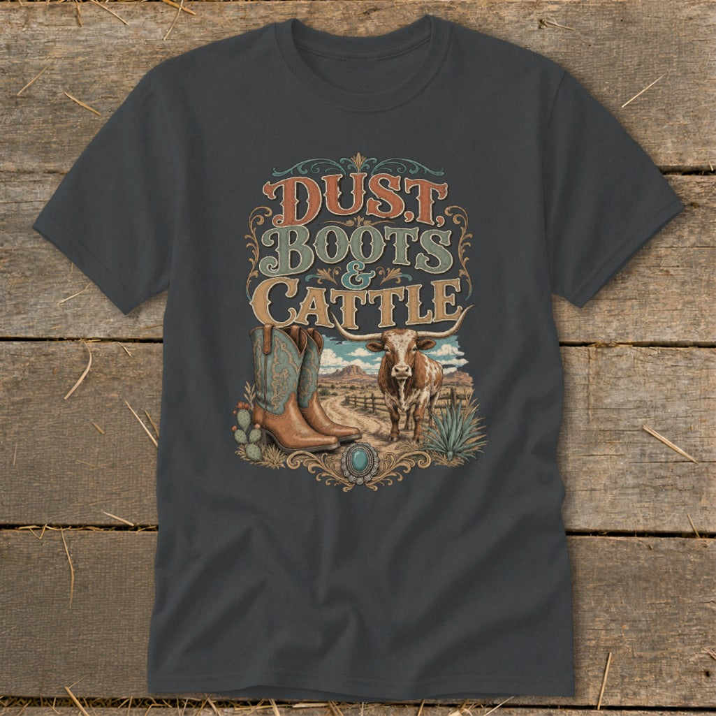 T-shirt graphic: Dust Boots & Cattle with cowboy boots, steer, and desert landscape.