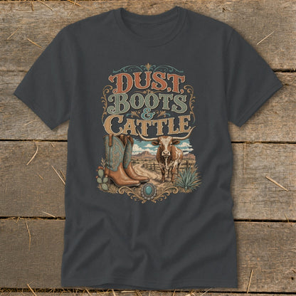 T-shirt graphic: Dust Boots & Cattle with cowboy boots, steer, and desert landscape.